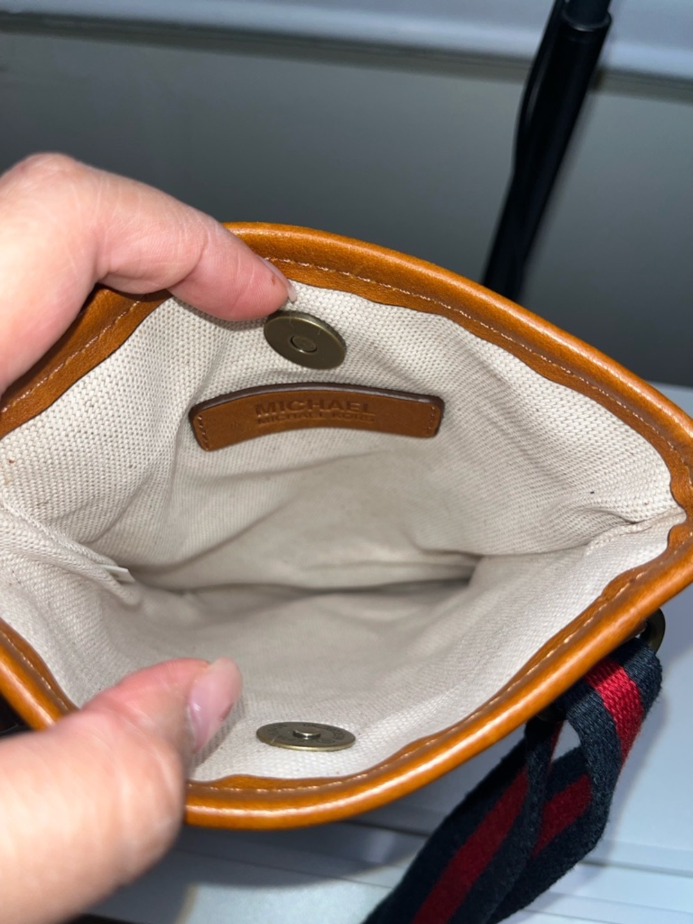 Michael Kors Beige MK Monogram Crossbody with Brown Trim and Black-Red Strap - Picture 9 of 9